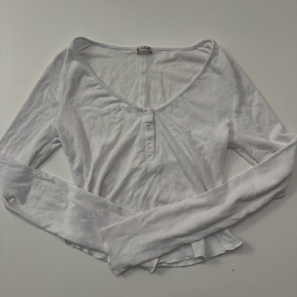 Free People White Ribbed Long Sleeve Top